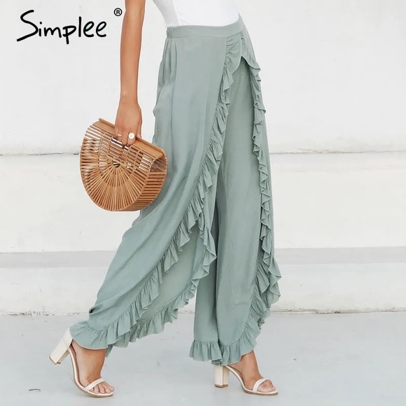 Simplee Green Ruffle Split Leg Pants - Picture 3 of 6